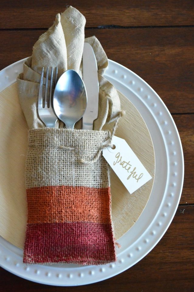 Burlap place setting with painted Thanksgiving decorations