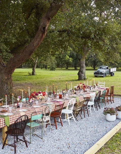 outdoor thanksgiving table with mismatched chairs