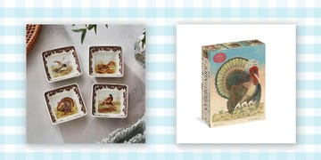 decorative plates featuring birds and a box with a turkey illustration