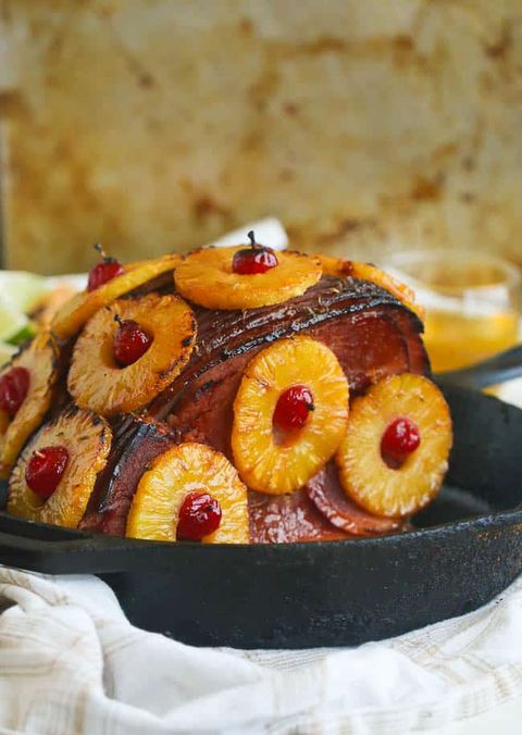 pineapple honey glazed ham in cast iron
