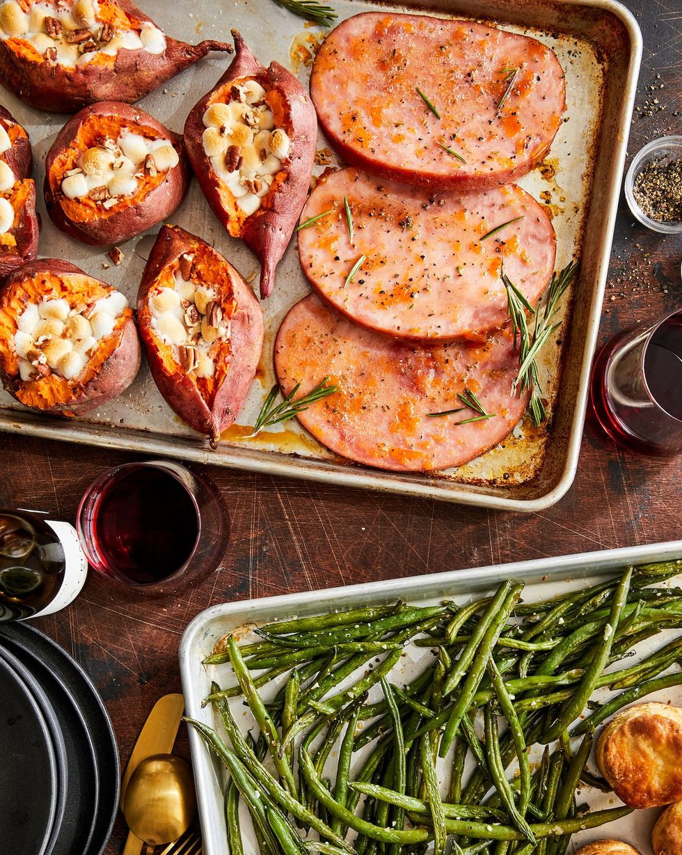 sheet pan holiday dinner with ham sweet potatoes green beans