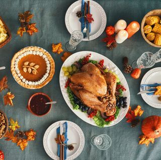 thanksgiving meal on blue tablecloth