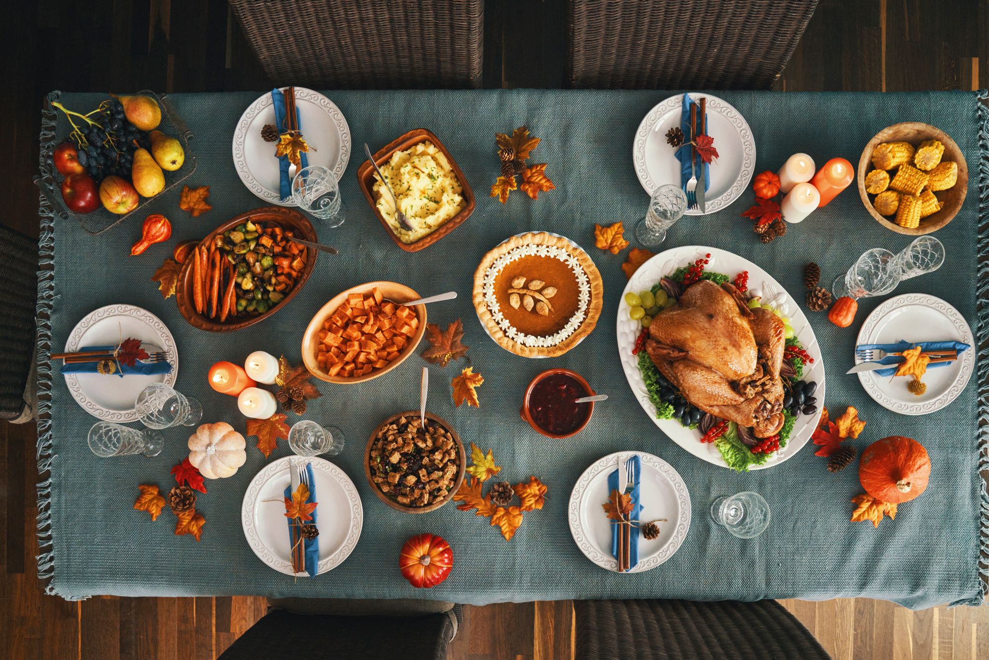 thanksgiving meal on blue tablecloth