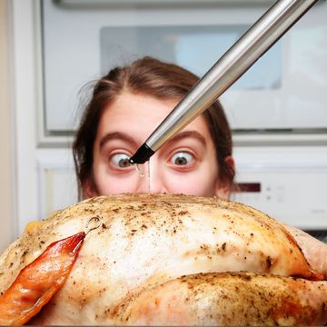 meme worthy photo young girl wide eyed watching thanksgiving turkey being basted