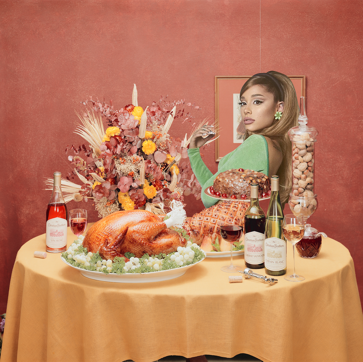 ariana grande sitting at a thanksgiving dinner table