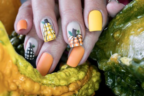 plaid pumpkin and gourd nail art design
