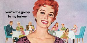 illustration of a 50s housewife holding a thanksgiving turkey