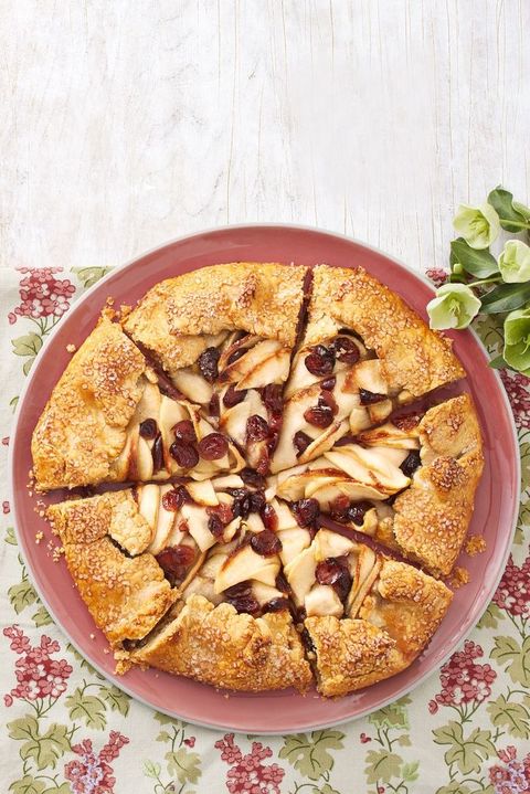 apple cranberry galette on pink plate
