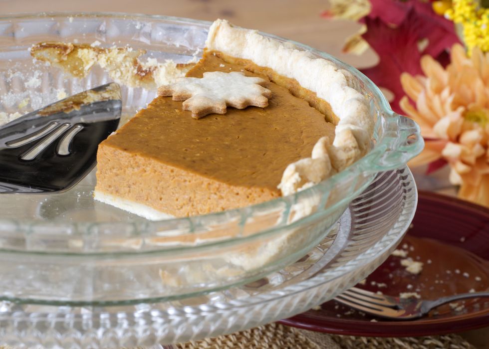 a plate filled with crumbs and a wedge of pumpkin pie are all that remain after dinner is served