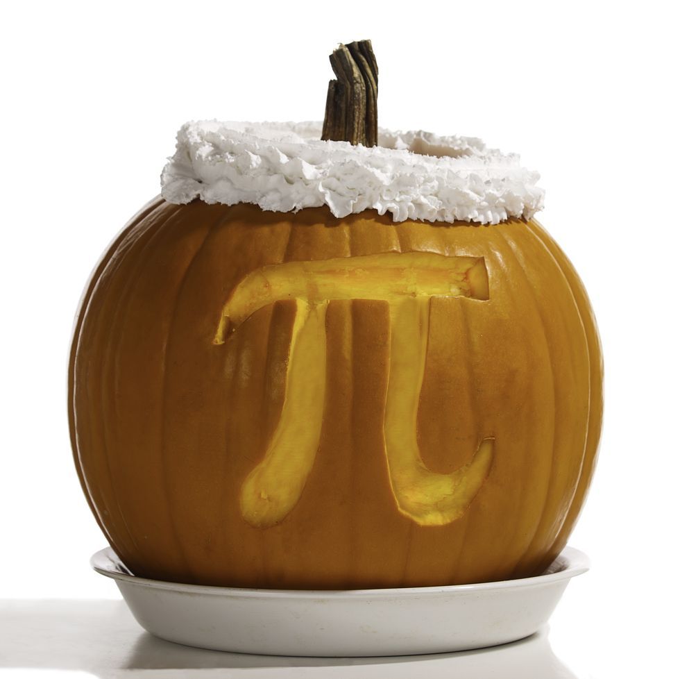 whole pumpkin in pie dish with pi symbol carved on side, whipped cream on top, illustrating thanksgiving pi riddle