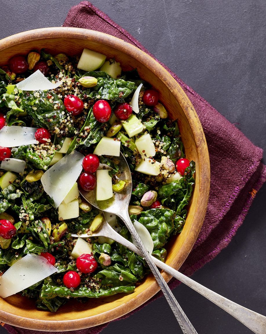 kale salad with pickled cranberries and crispy quinoa