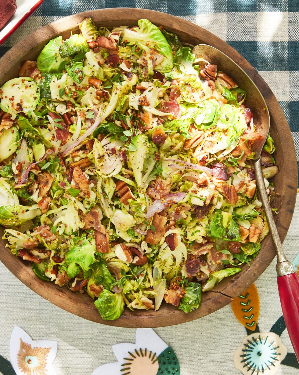 shaved brussels sprouts with bacon and warm apple cider dressing