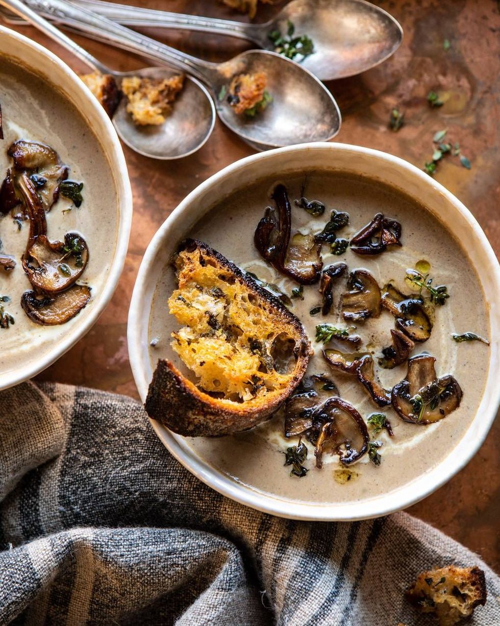 cream of mushroom soup with garlic herb breadcrumbs