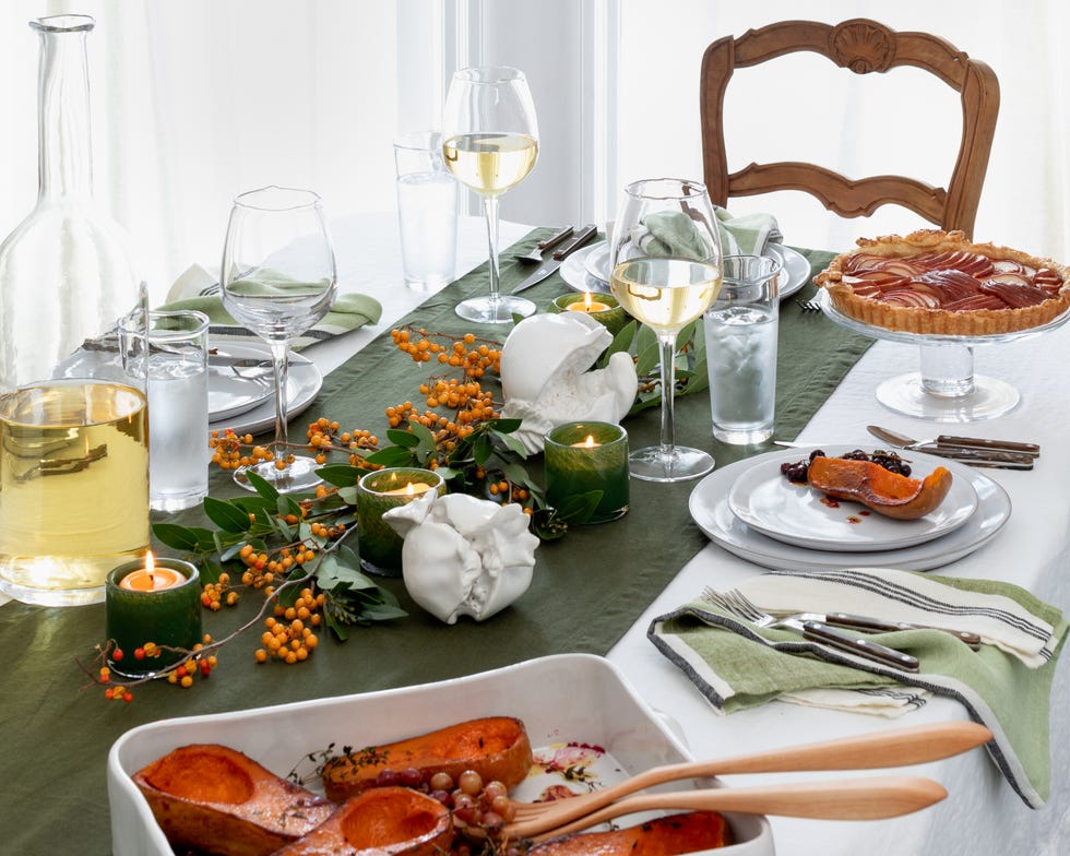Home, Decor, Hudson Grace, Thanksgiving a thanksgiving table with green and white linens