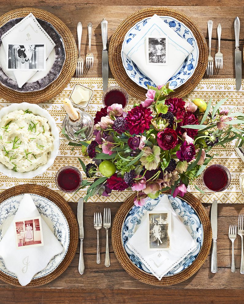 thanksgiving table set with family photo on place settings