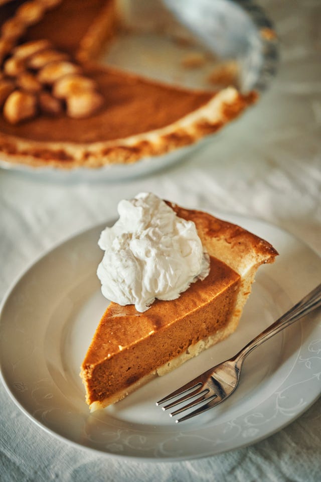 slice of pumpkin pie with whipped cream on top