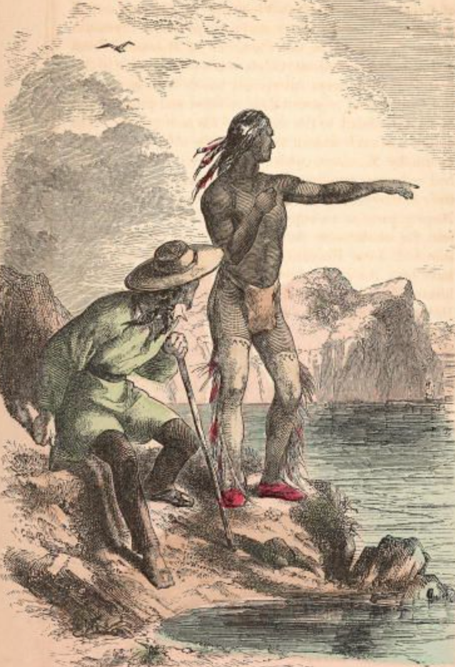 an illustration depicting squanto aka tisquantum, died 1622, of the patuxet tribe, serving as guide and interpreter for the pilgrim colonists at the plymouth colony and massasoit, circa 1621