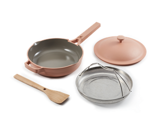 neutral pan with lid, spatula, and metal strainer