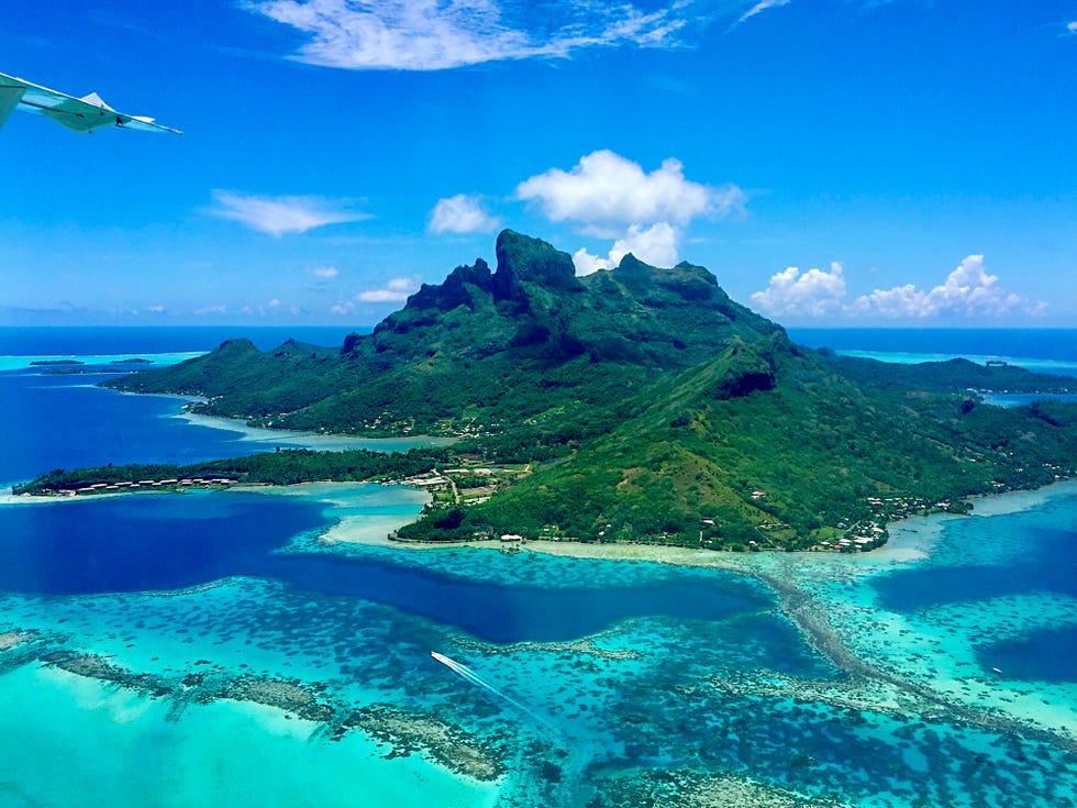 Amazing aerial view of the paradise island of Bora Bora in French Polynesia