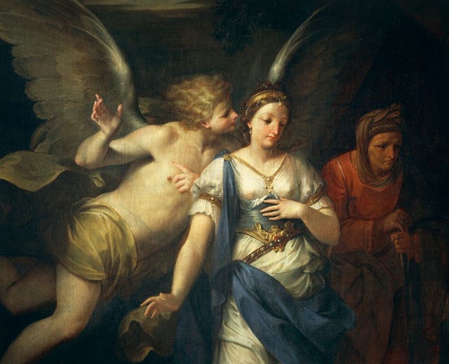 een engel fluistert in het oor van bijbelfiguur judith