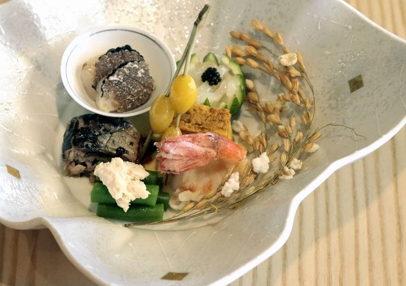 west los angeles, ca sep 21, 2014the assorted appetizer of deep fried sweet shrimp, sea urchin wi