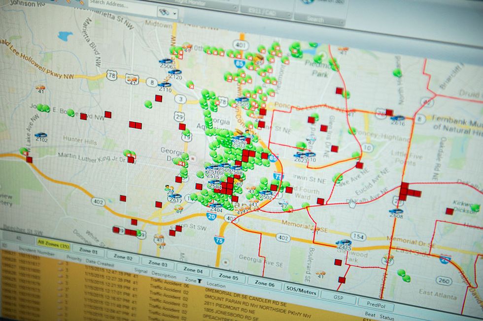 the atlanta police department displays a city map through predpol, a predictive crime algorithm used to map hotspots for potential crime, at the operation shield video integration center on january 15, 2015 in atlanta, georgia