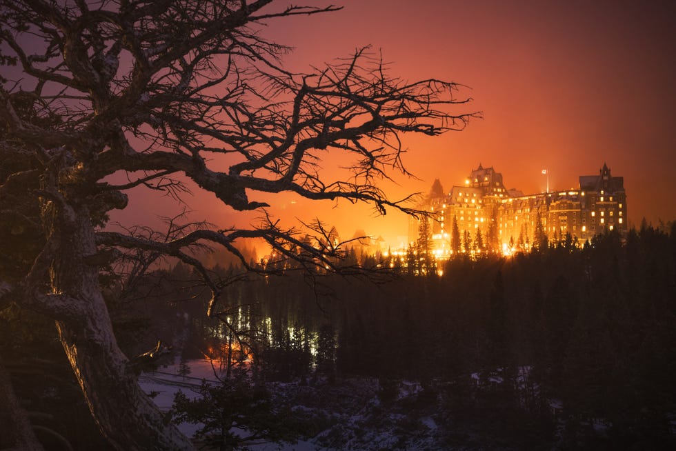 the banff springs hotel from surprise corner at night banff alberta canada