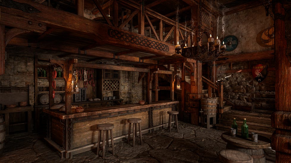 the bar in an old medieval inn or tavern with decorative shields on the wall and staircase in the background 3d rendering