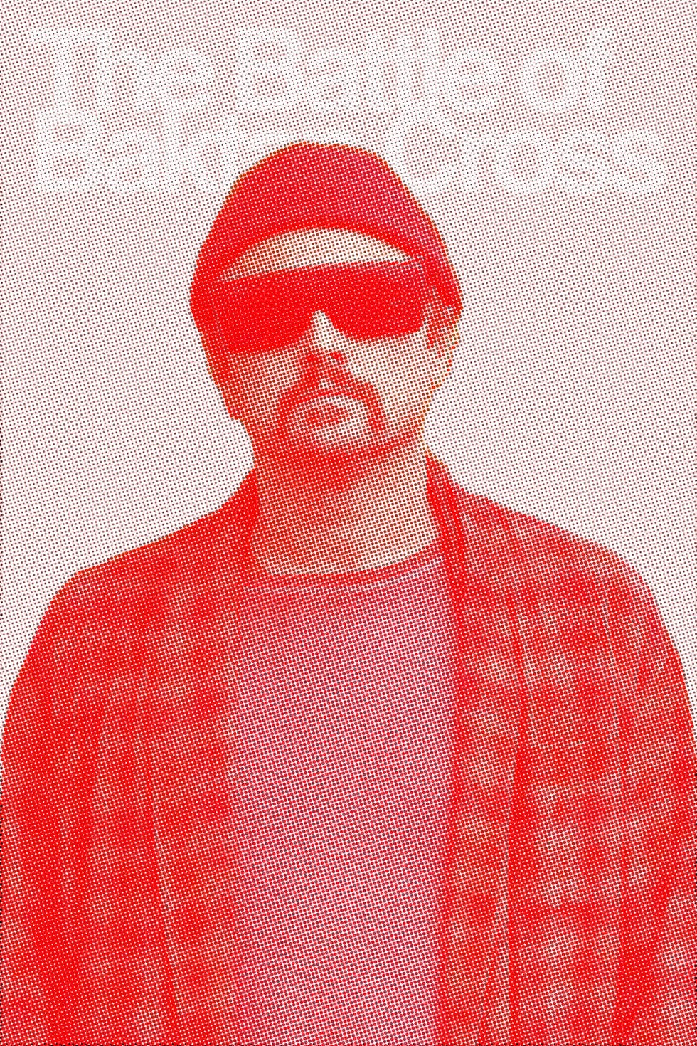 a stylized portrait of a man in red tones with text overlay