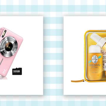 a pink digital camera and a yellow bag of body wash products on a blue and white gingham background