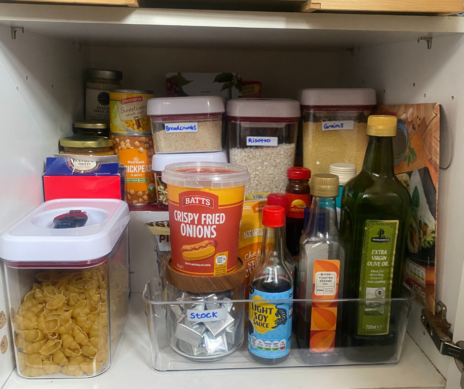 storage cabinet containing various food items