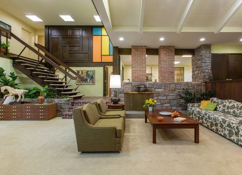 "The Brady Bunch" House Before and After "A Very Brady Renovation" HGTV - Heart of the Home - Living Room, Staircase, Entry
