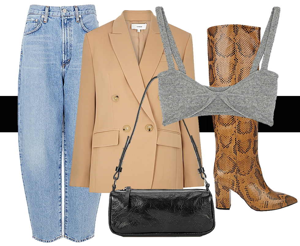 cashmere bra, snakeskin boots, mini black bag, camel blazer and blue jeans