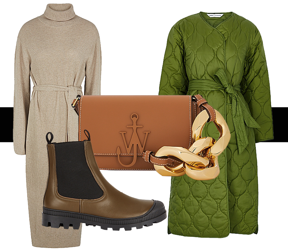 chained bag, green coat, brown chelsea boot and beige dress