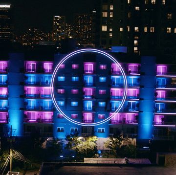 a large purple structure with lights