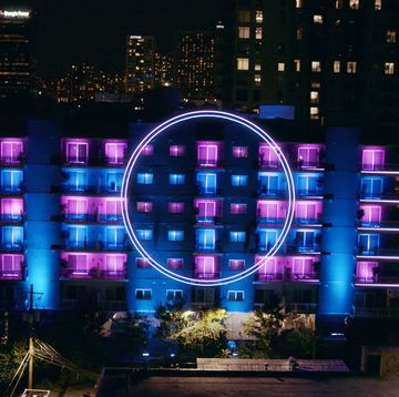 a large purple structure with lights