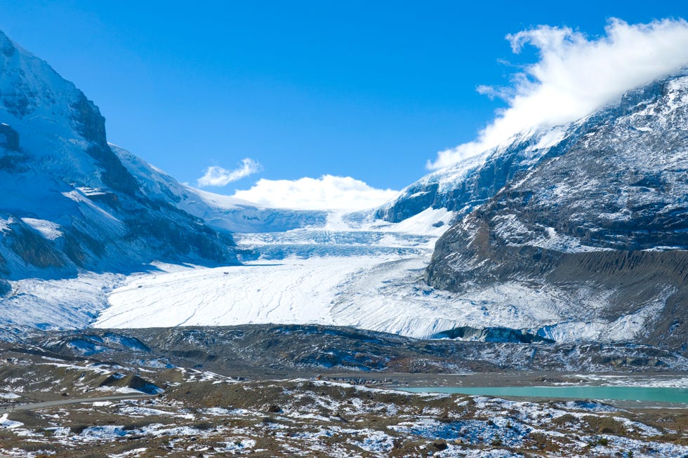 view of mountains and the icefields along the icefield highway in jasper national park, alberta