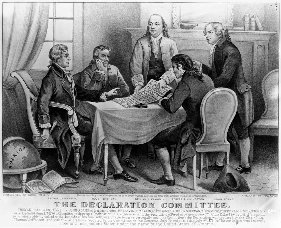 a drawing of thomas jefferson, roger sherman, benjamin franklin, robert livingston, and john adams surrounding a table with a document on it