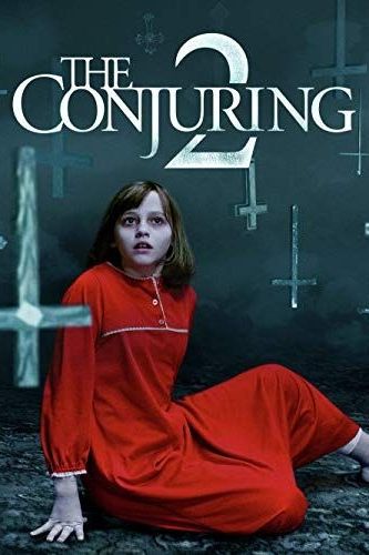 the poster for the conjuring 2, featuring a young girl in a nightgown looking frightened in a room filled with drawings of upsidedown crosses it is currently the seventh movie if you want to watch all of the conjuring movies in chronological order