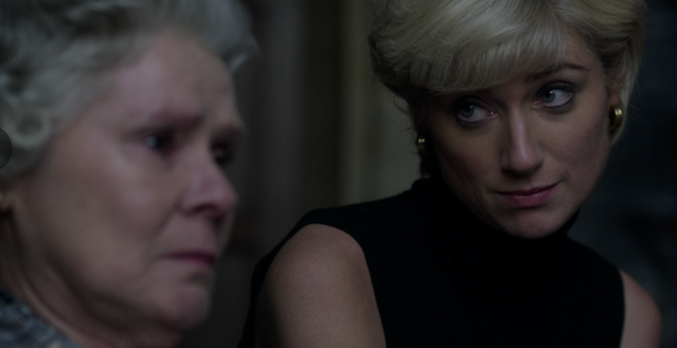 elizabeth debicki's lady diana looking at imelda staunton's queen elizabeth ii