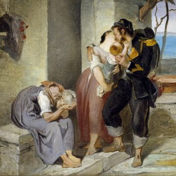 een oud schilderij van een zoenend stel met een kind en vrouw ernaast