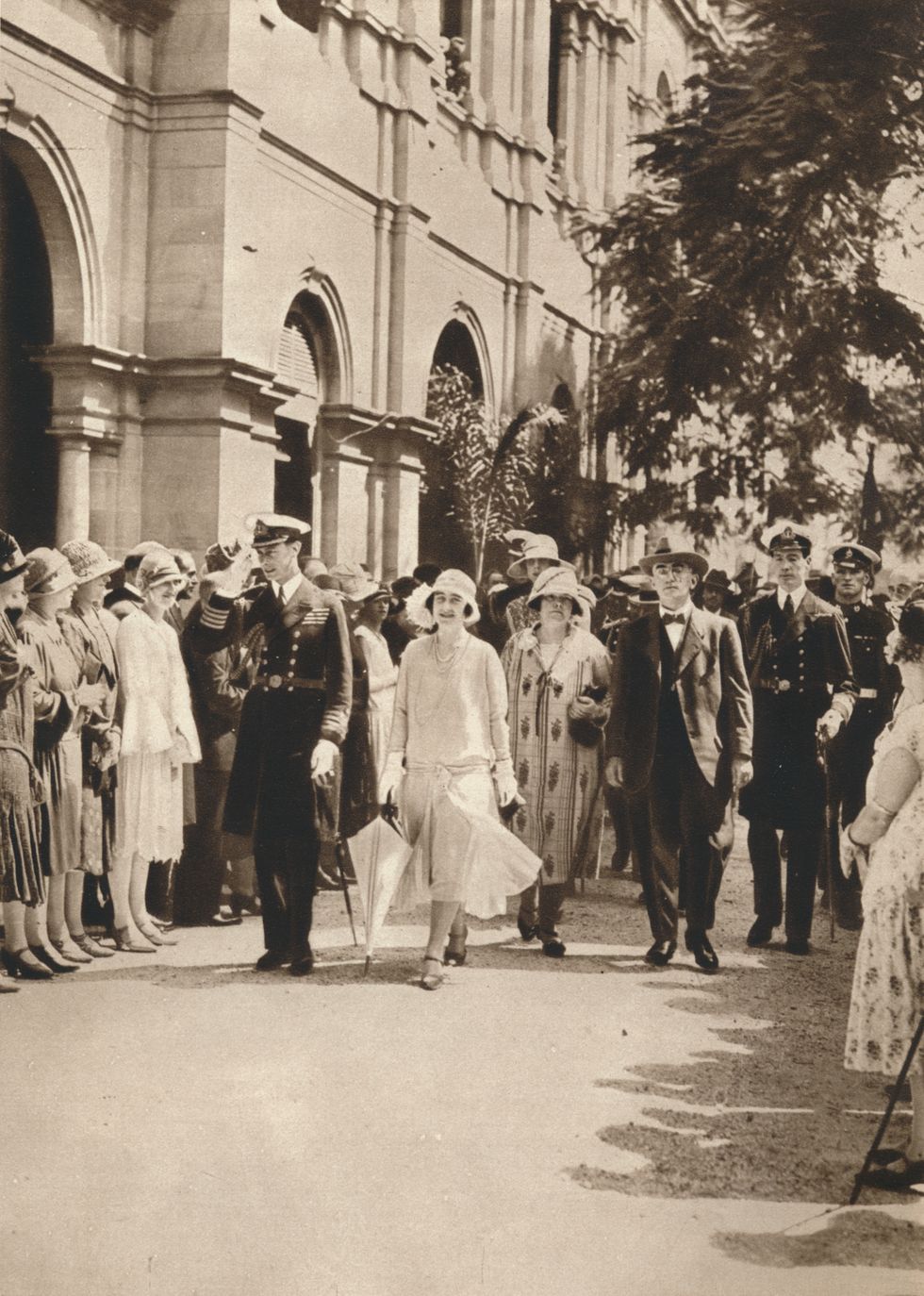 'the duke and duchess of york and queen elizabeth leaving a reception in brisbane', 1927