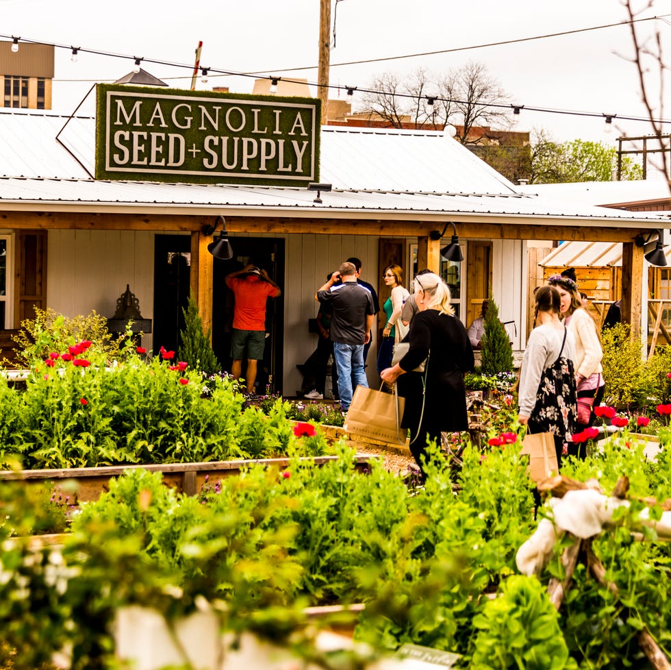 waco, tx, usa march 18, 2017 the entrance to magnolia seed and supply overlooking plants in the garden area of magnolia silos