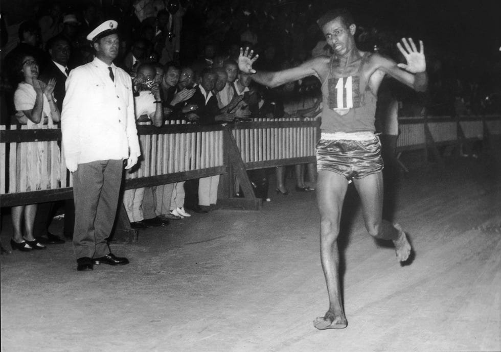 rome olympic games runner abebe bikilq wins the marathon, 1960