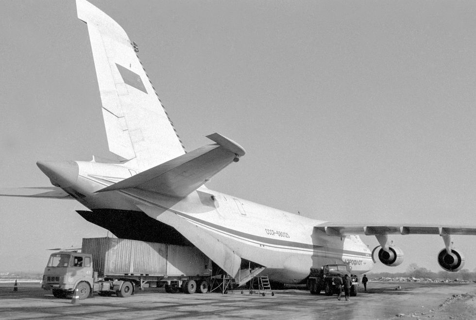 first flying prototype of the Antonov An-124 cargo airplane registered CCCP-680125 pictured during the loading test at Sheremetyevo airport