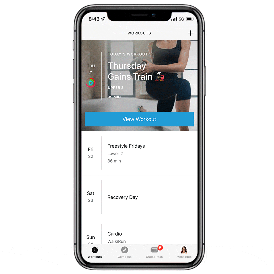 a gif of the app screens from the future app flipping through the workout screen, compass, and messages screens are shown