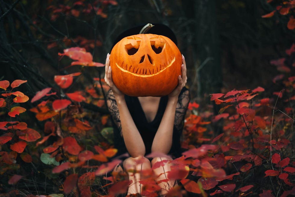 the girl sits in the forest and holds a pumpkin in her hands halloween pumpkin autumn background