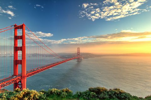 The Golden Gate Bridge during sunset in San Francisco, California.