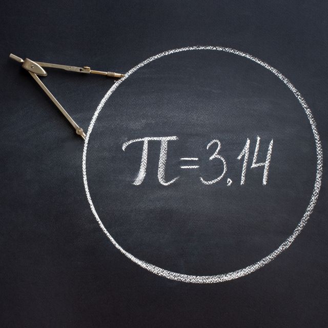 the greek letter pi, the ratio of the circumference of a circle to its diameter, is drawn in chalk on a black chalkboard with a compass in honor