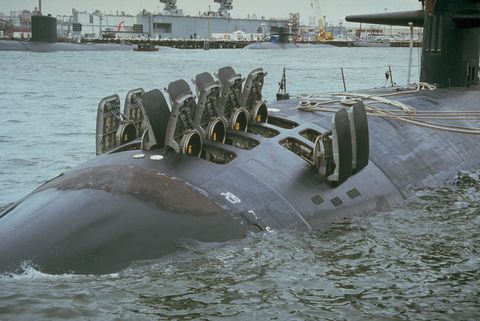 submarine with open missile hatches